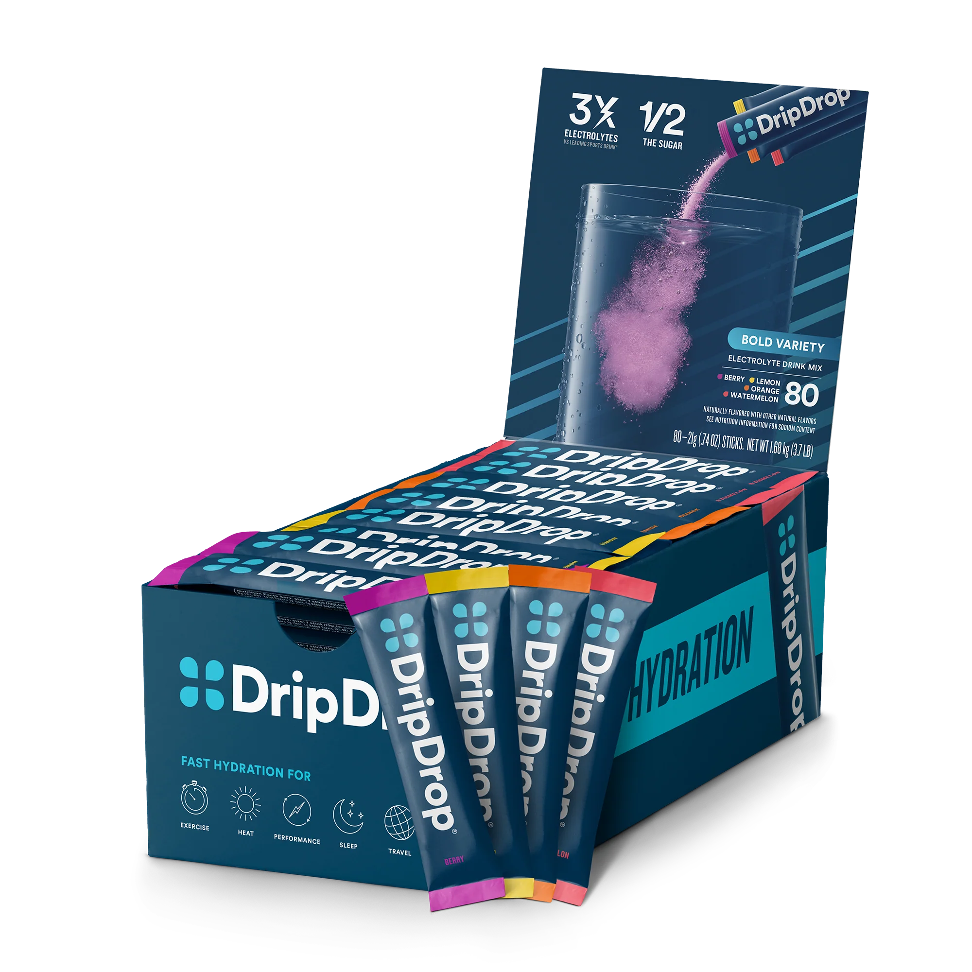DripDrop Bold Variety Pack Electrolyte Powder, 16 oz sticks, 80 count