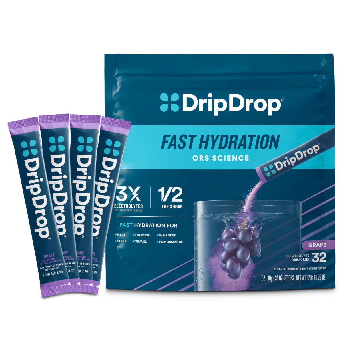 DripDrop Grape Electrolyte Powder, 8 oz sticks, 32 count