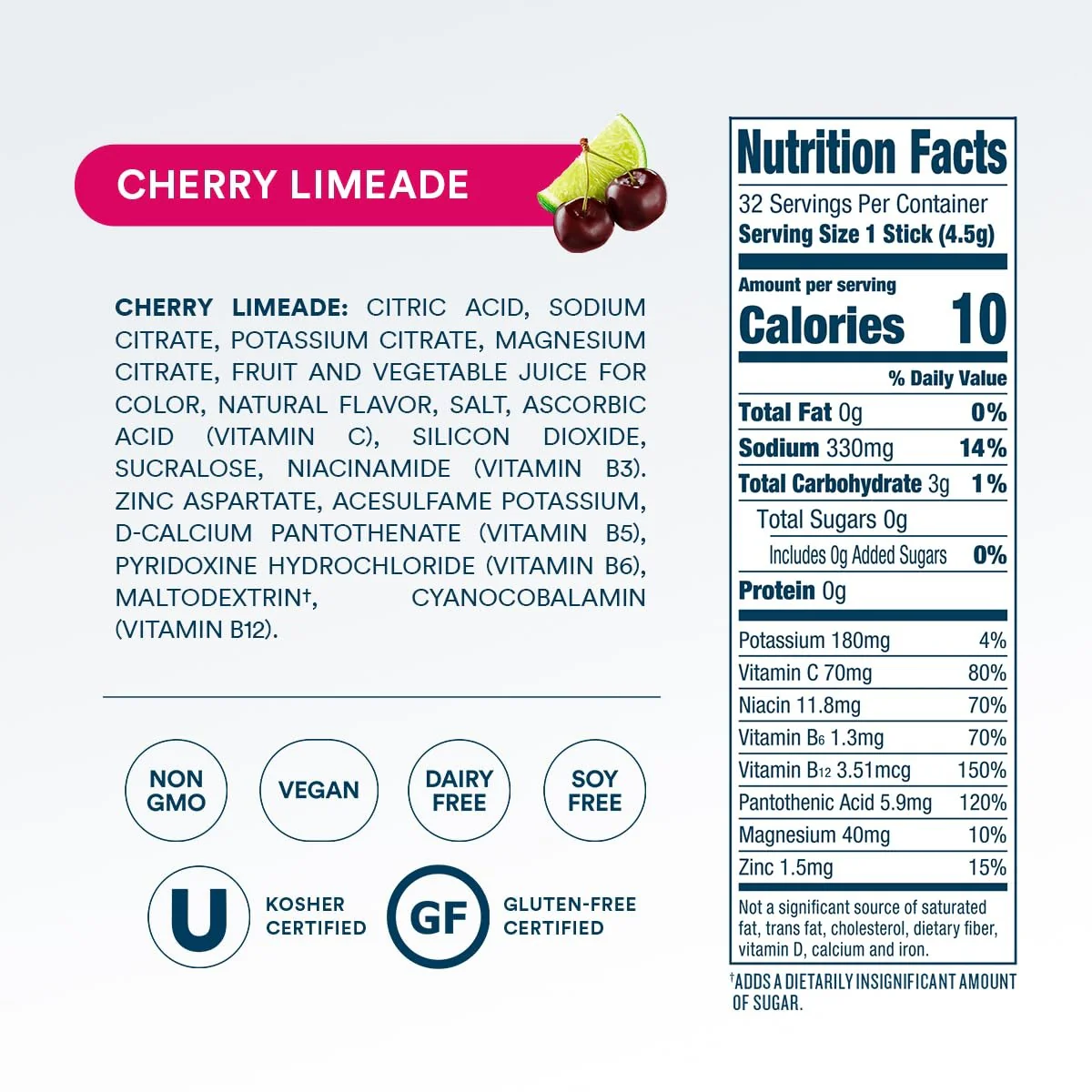 DripDrop Zero Sugar Cherry Limeade Electrolyte Powder, 8 oz sticks, 32 count - Image 4