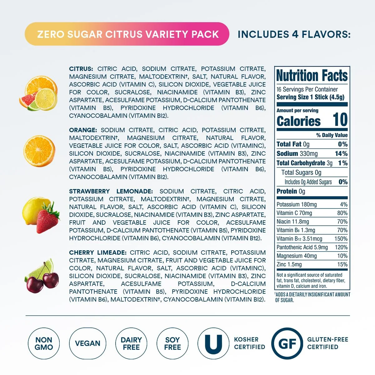 DripDrop Zero Sugar Citrus Variety Pack Electrolyte Powder, 8 oz sticks, 16 count - Image 4