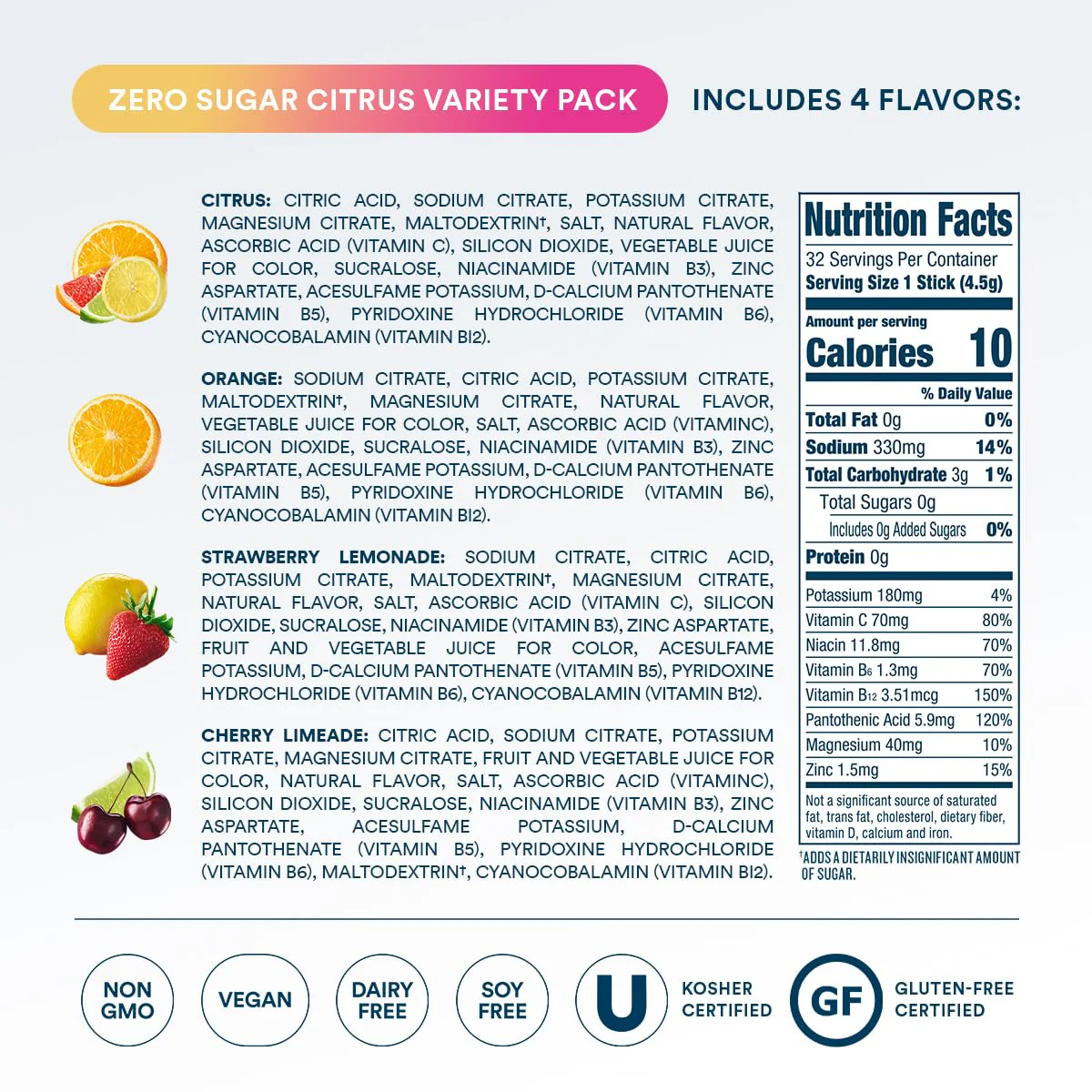 DripDrop Zero Sugar Citrus Variety Pack Electrolyte Powder, 8 oz sticks, 32 count - Image 4