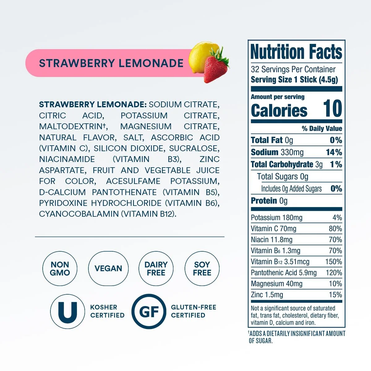 DripDrop Zero Sugar Strawberry Lemonade Electrolyte Powder, 8 oz sticks, 32 count - Image 4