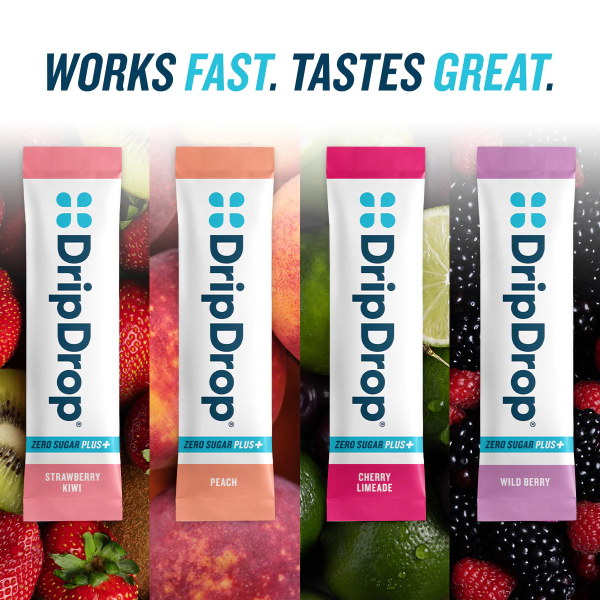 DripDrop Zero Sugar Plus, Strawberry Kiwi, Peach, Cherry Limeade, Wild Berry, 16 oz sticks, 8 count - Image 4