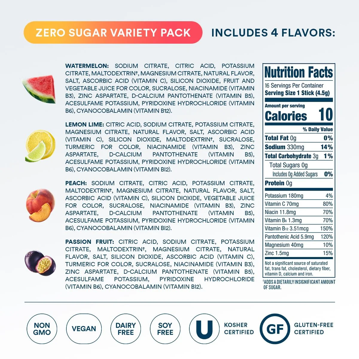 DripDrop Zero Sugar Classic Variety Pack Electrolyte Powder, 8 oz sticks, 16 count - Image 4