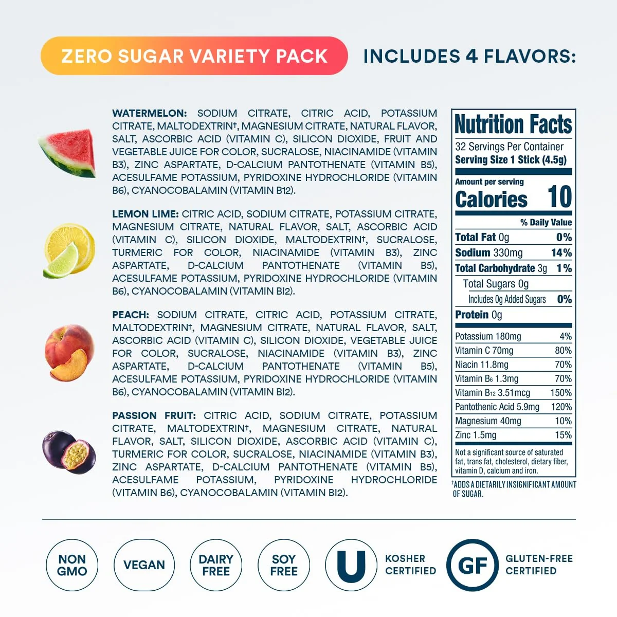 DripDrop Zero Sugar Classic Variety Pack Electrolyte Powder, 8 oz sticks, 32 count - Image 4